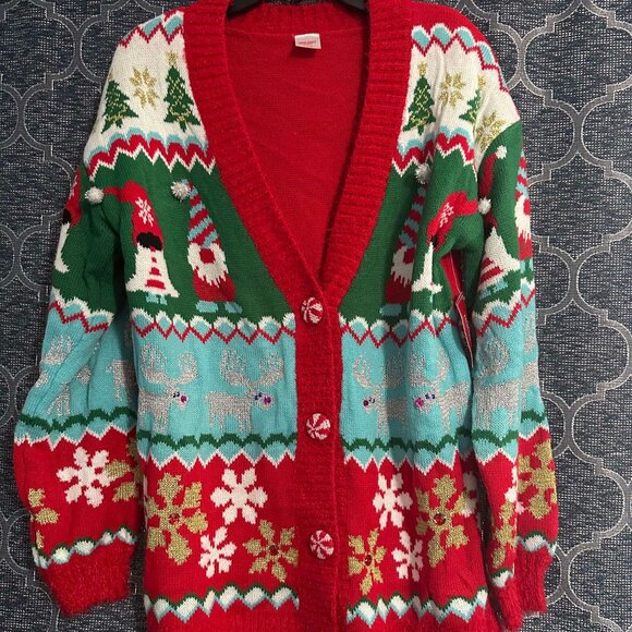 Holiday Time NWT women's small 4-6 red,blue, green gnome reindeer button down - Picture 1 of 5